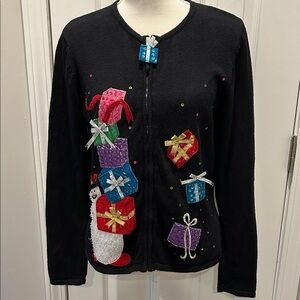 Medium Festive Black Sweater with Colorful Gift Design